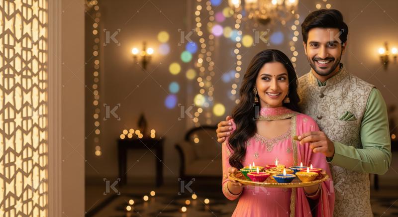 Young indian couple standing together holding oil lamp plate on