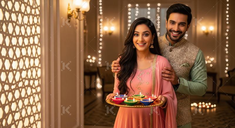Young indian couple standing together holding oil lamp plate on