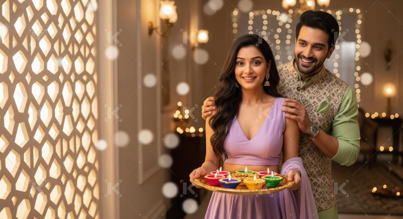 Young indian couple standing together holding oil lamp plate on