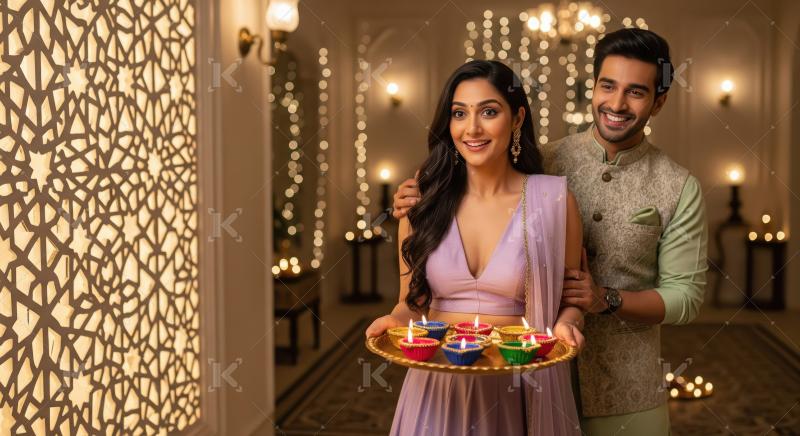 Young indian couple standing together holding oil lamp plate on