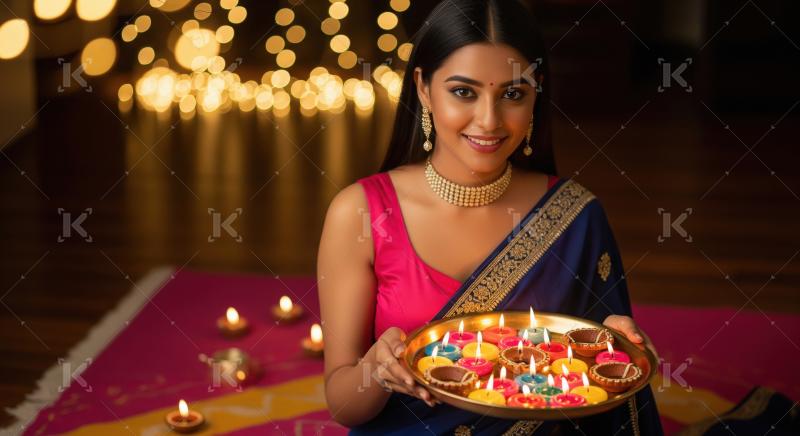 Young indian woman holding oil lamps plate on diwali festival