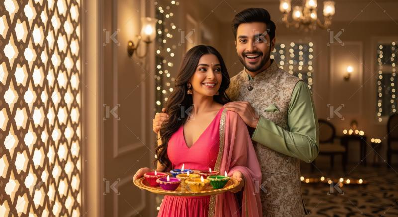 Young indian couple standing together holding oil lamp plate on