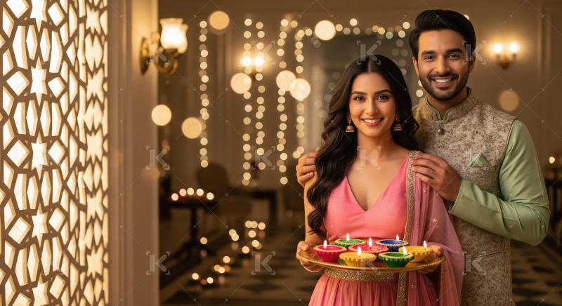 Young indian couple standing together holding oil lamp plate on