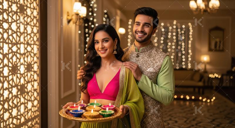 Young indian couple standing together holding oil lamp plate on
