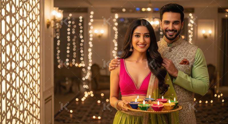 Young indian couple standing together holding oil lamp plate on