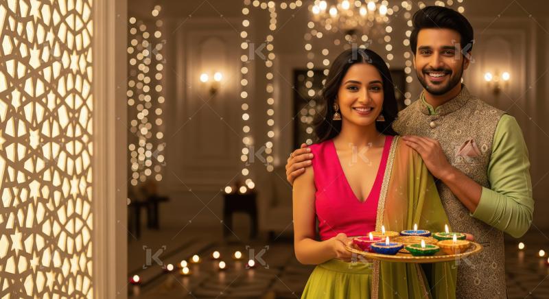 Young indian couple standing together holding oil lamp plate on