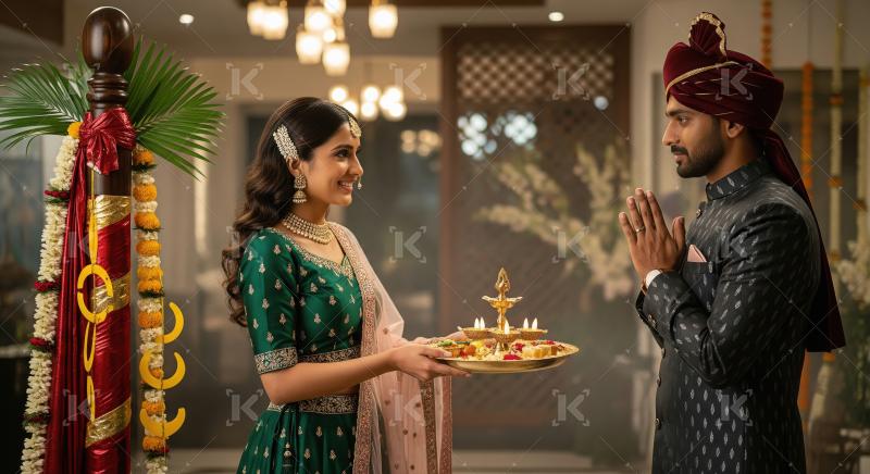 Young indian couple celebrating diwali festival at home