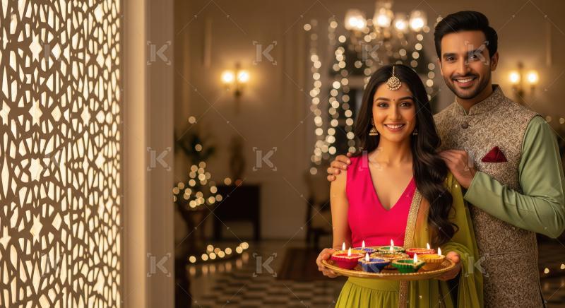 Young indian couple standing together holding oil lamp plate on