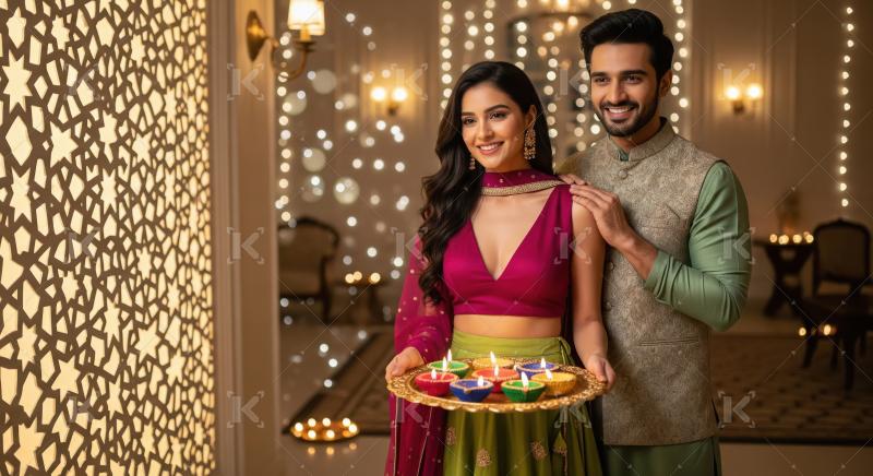 Young indian couple standing together holding oil lamp plate on