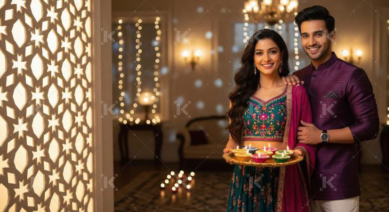 Young indian couple standing together holding oil lamp plate on