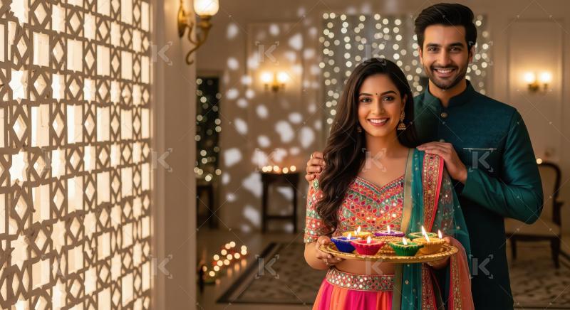 Young indian couple standing together holding oil lamp plate on