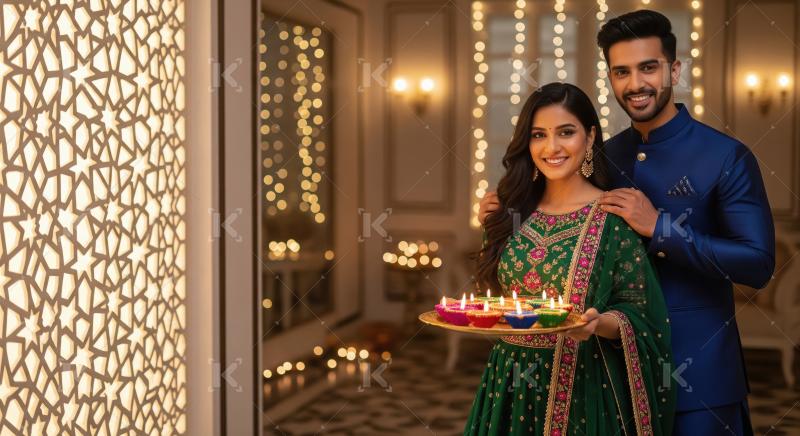 Young indian couple standing together holding oil lamp plate on