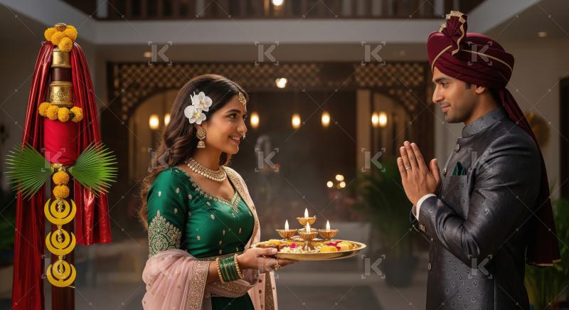 Young indian couple celebrating diwali festival at home