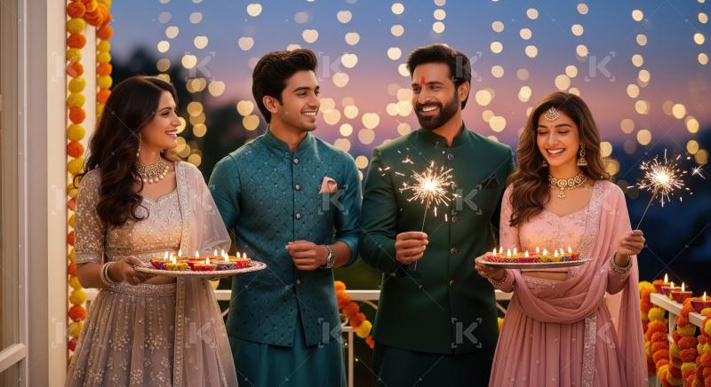 Happy indian family celebrating diwali festival together at home