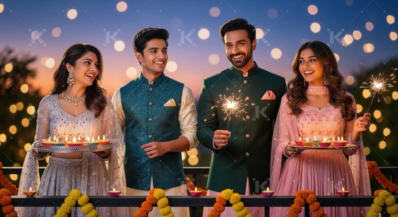 Happy indian family celebrating diwali festival together at home