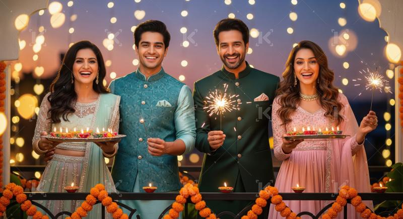 Happy indian family celebrating diwali festival together at home