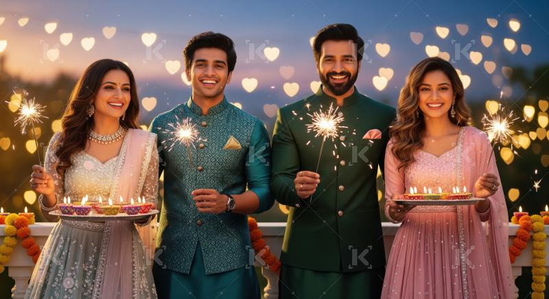 Happy indian family celebrating diwali festival together at home