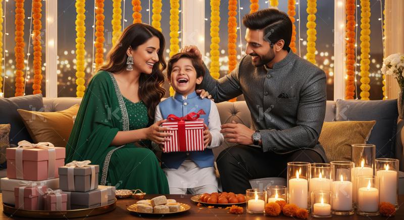 Happy indian family celebrating diwali festival together at home