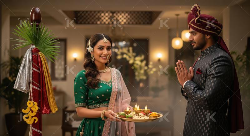 Young indian couple celebrating diwali festival at home