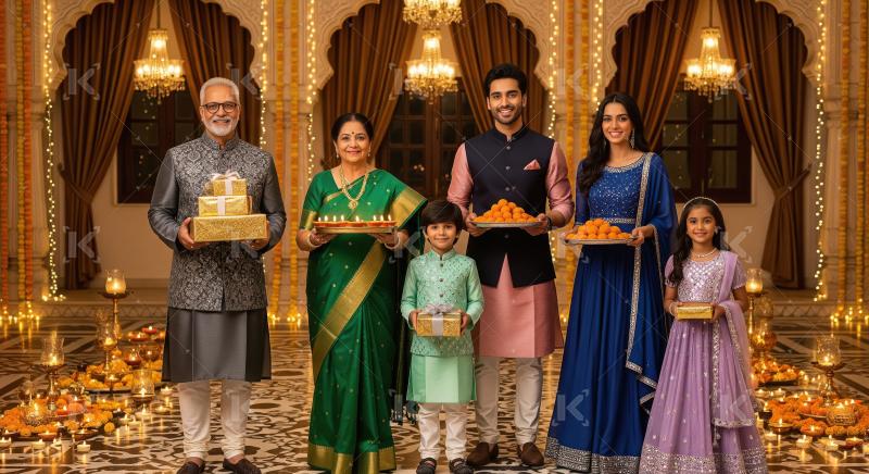 Happy indian family celebrating diwali festival together at home