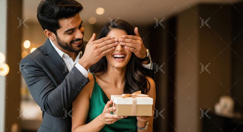 Young indian man giving surprises gift to wife on diwali festiva