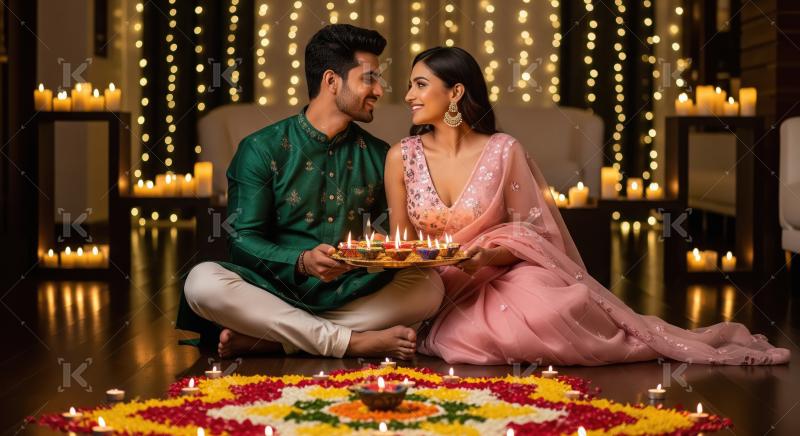 Young indian couple celebrating diwali festival at home sitting