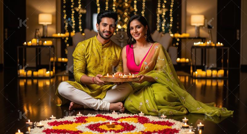 Young indian couple celebrating diwali festival at home sitting