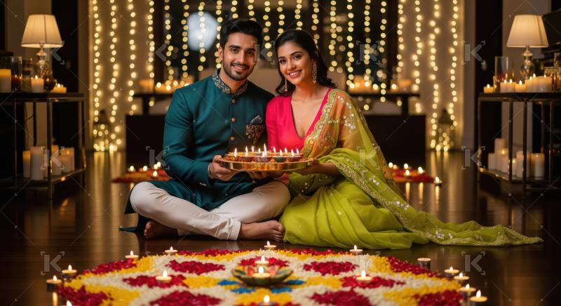 Young indian couple celebrating diwali festival at home sitting