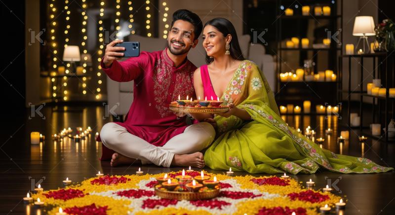 Young indian couple taking selfie with smartphone on diwali fest