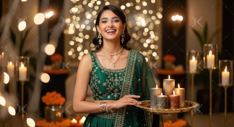 Young indian woman holding oil lamps plate on diwali festival