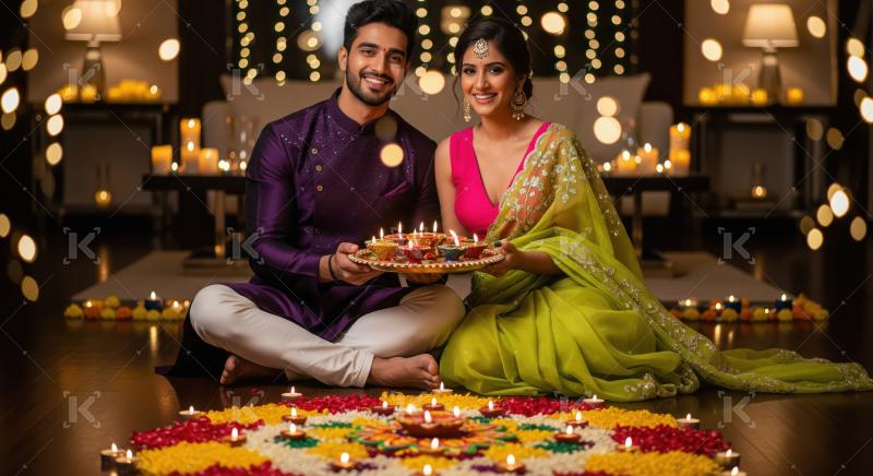 Young indian couple celebrating diwali festival at home sitting