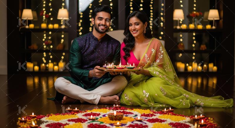 Young indian couple celebrating diwali festival at home sitting