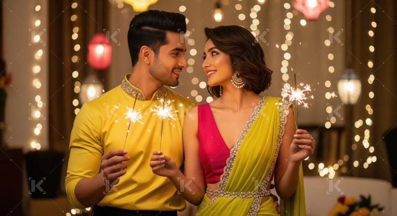 Young indian couple holding sparklers together on diwali festiva