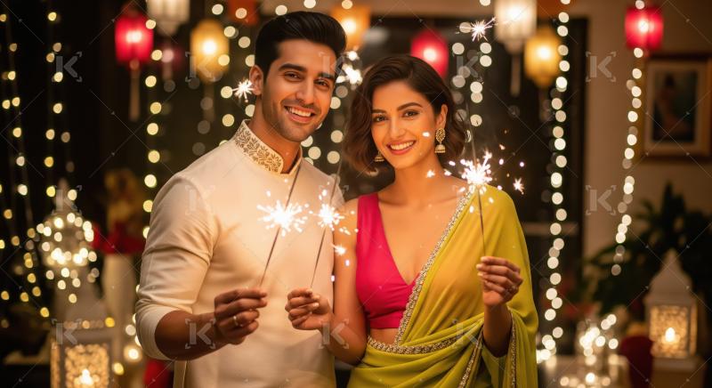 Young indian couple holding sparklers together on diwali festiva