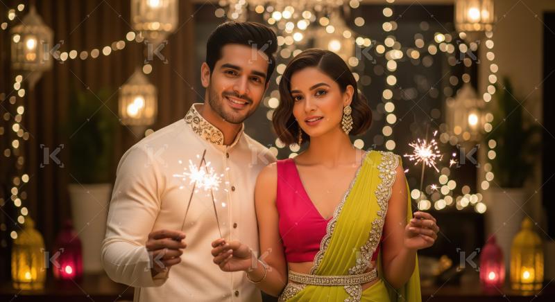 Young indian couple holding sparklers together on diwali festiva