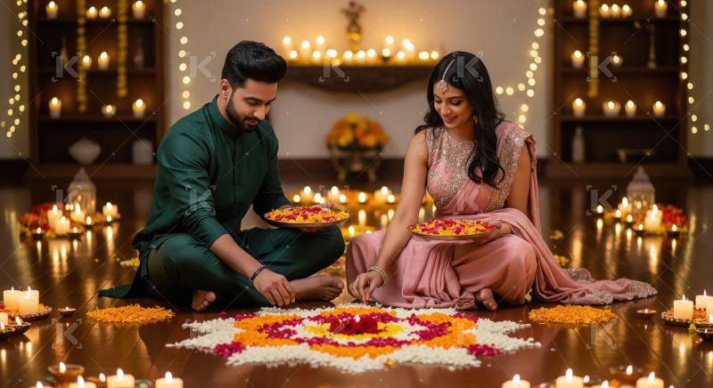 Young indian couple celebrating diwali festival at home sitting
