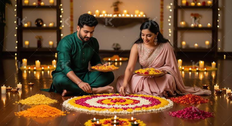 Young indian couple celebrating diwali festival at home sitting