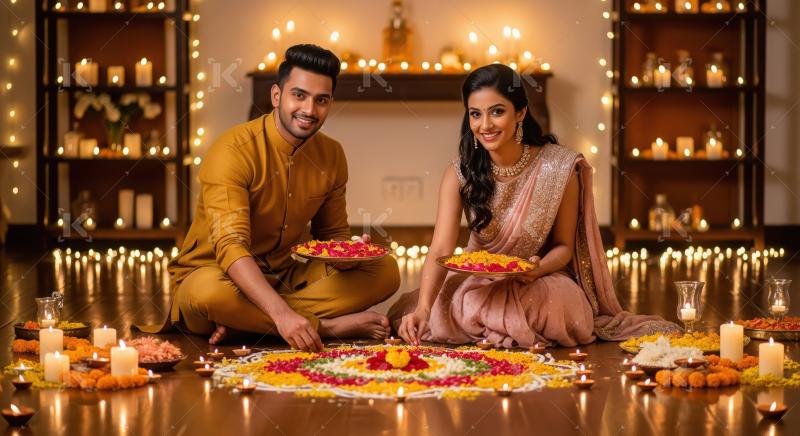 Young indian couple celebrating diwali festival at home sitting