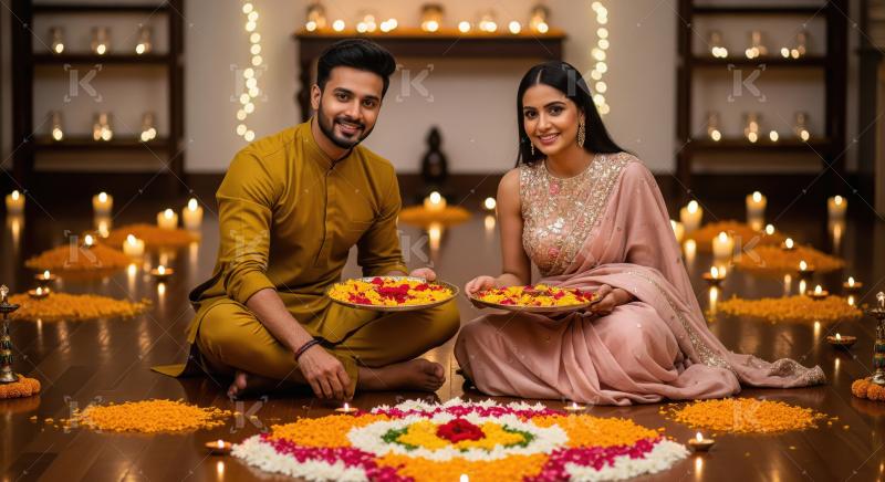 Young indian couple celebrating diwali festival at home sitting