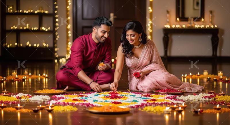 Young indian couple celebrating diwali festival at home sitting