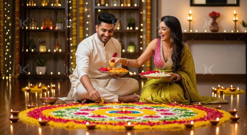 Young indian couple celebrating diwali festival at home sitting