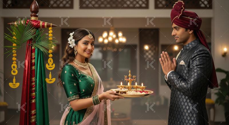 Young indian couple celebrating diwali festival at home