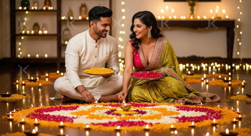 Young indian couple celebrating diwali festival at home sitting