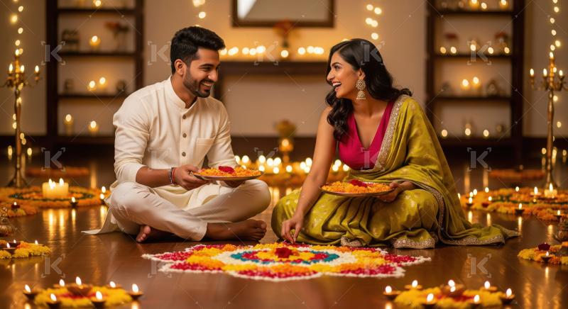 Young indian couple celebrating diwali festival at home sitting