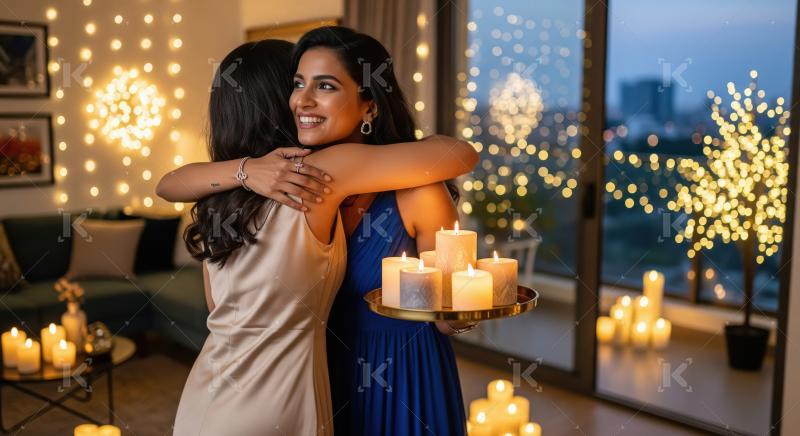 Two young indian female friends hugging together on diwali festi