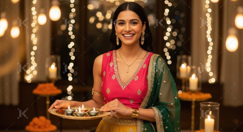 Young indian woman holding oil lamps plate on diwali festival