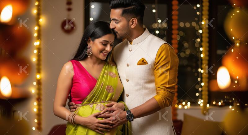 Young indian pregnant woman standing with husband on diwali fest