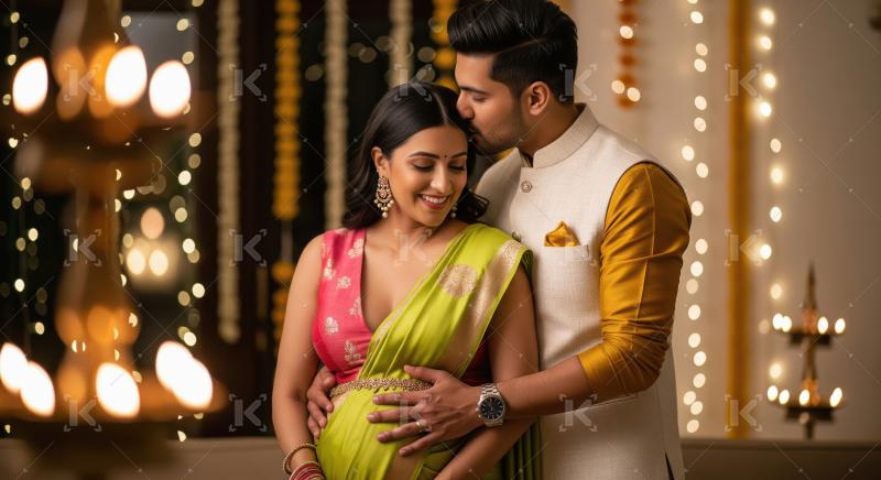 Young indian pregnant woman standing with husband on diwali fest