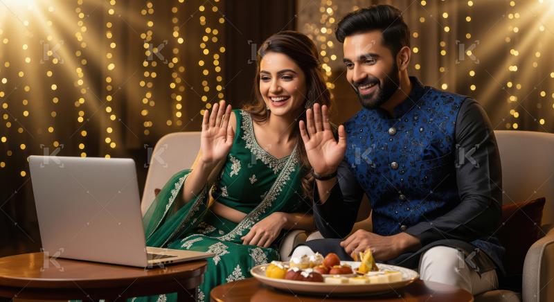 Young indian couple using laptop together on diwali festival