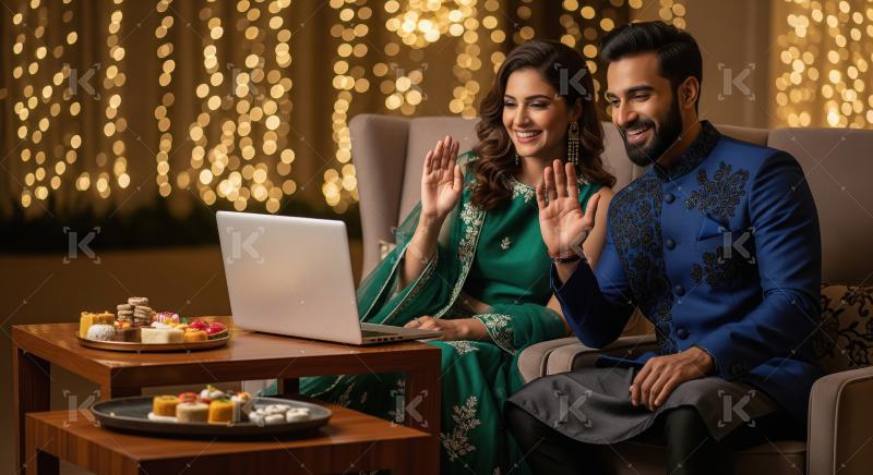 Young indian couple using laptop together on diwali festival